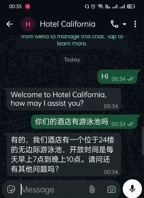 WhatsApp AI chatbot replying in Chinese after a guest switches languages mid-conversation
